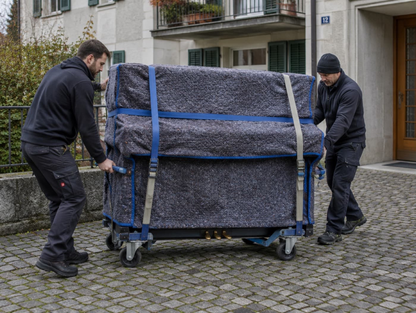 Zwei Männer tragen ein Klavier über eine Treppe