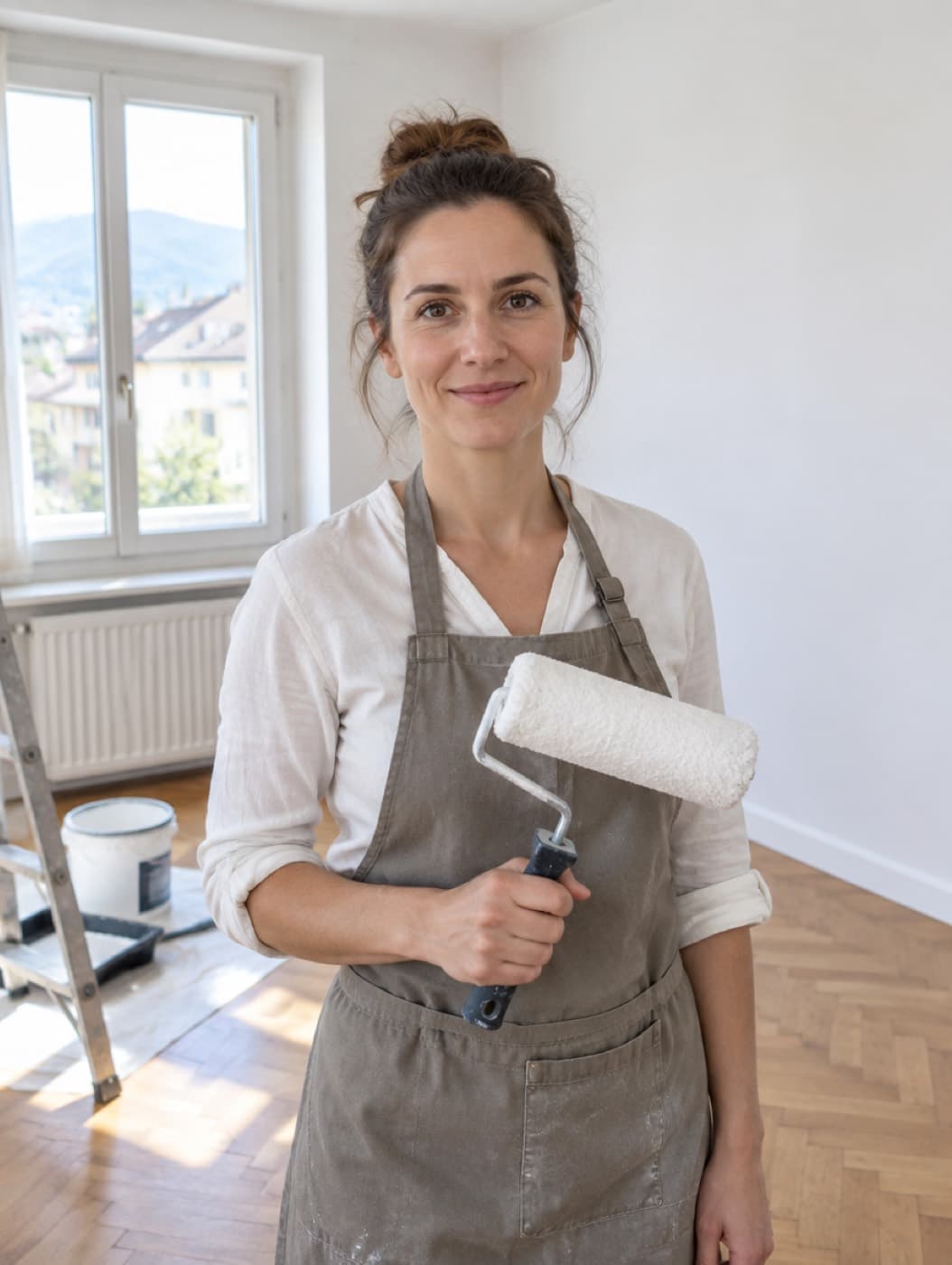 Malerin mit Farbroller in einer frisch gestrichenen Wohnung