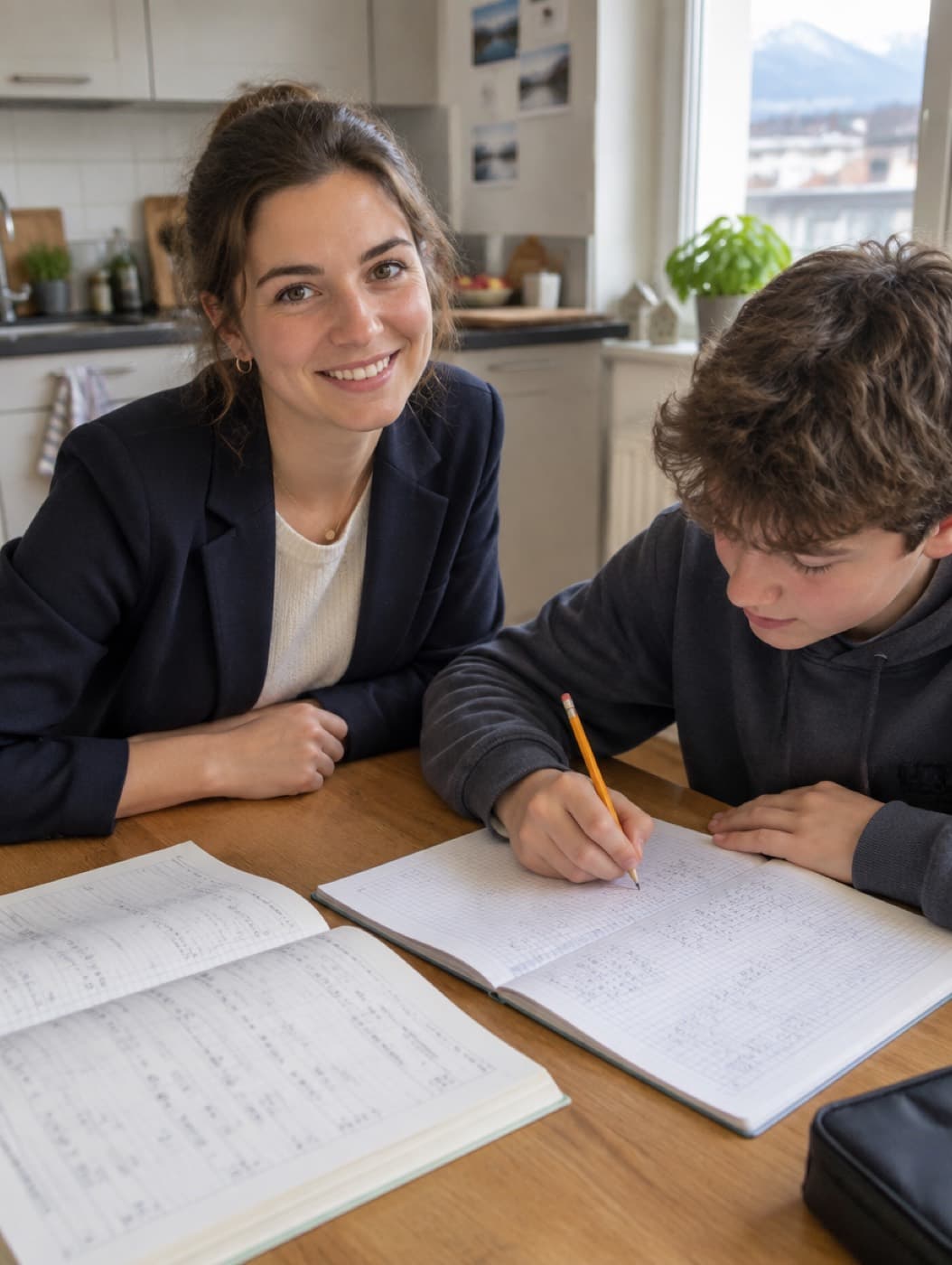 Nachhilfelehrerin und Schüler am Küchentisch