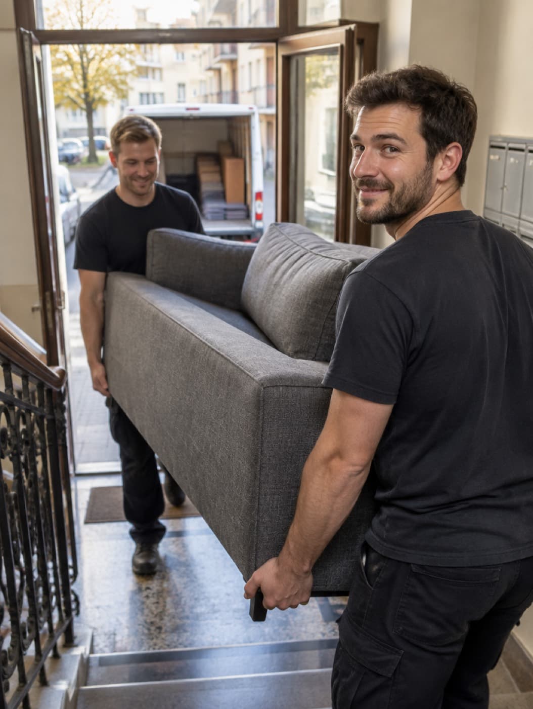 Zwei Zügelleute tragen ein Sofa aus einem Mehrfamilienhaus